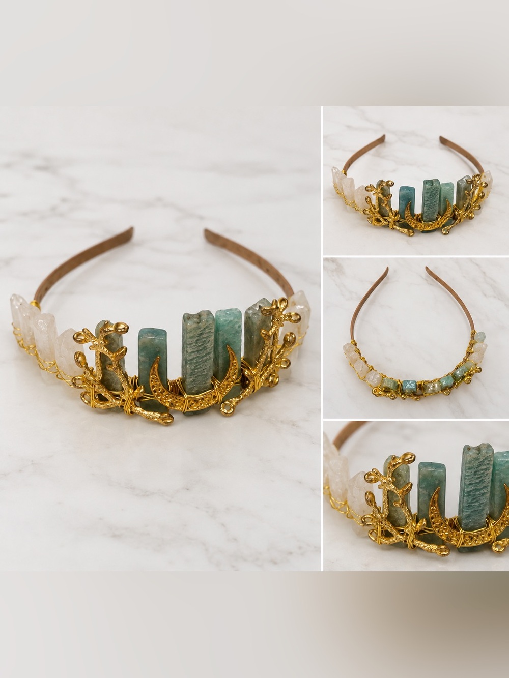 Gold Botanical Crescent Headband with Green & White Stones